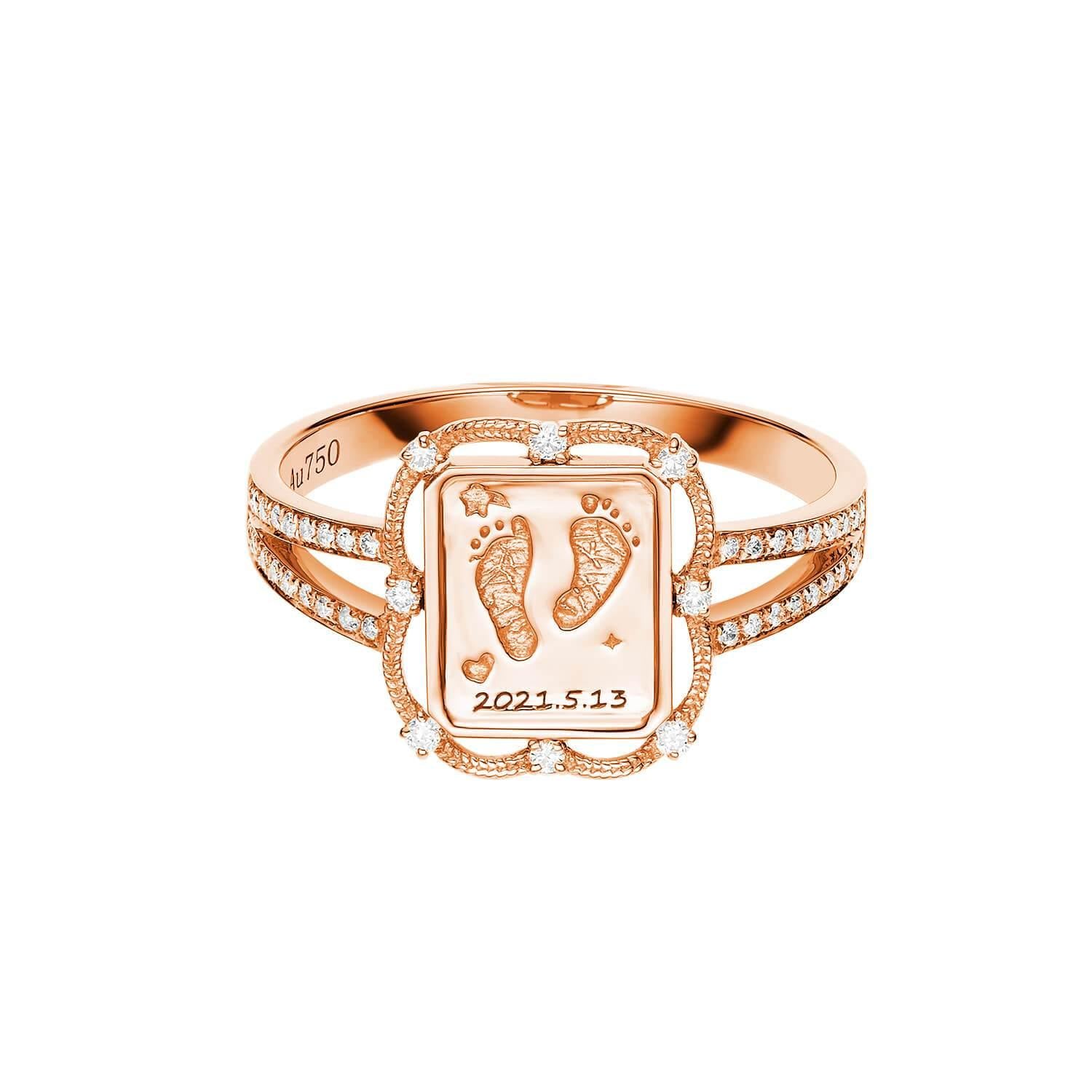 18K Rose Gold Baby Engravable Wreath Footprint Diamond Ring