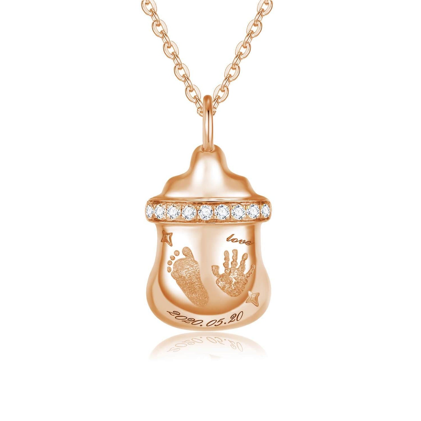 18K Rose Gold Feeding Bottle Baby Footprint Necklace Front