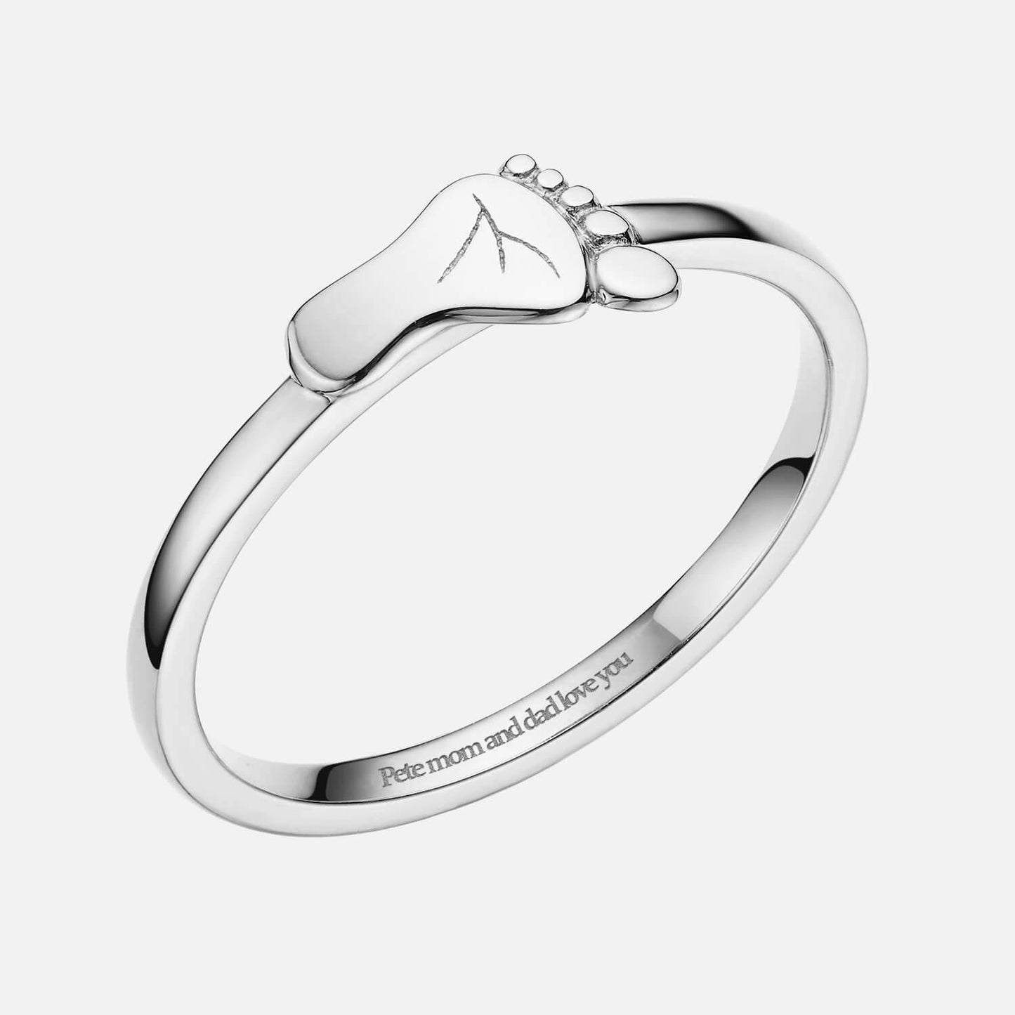 18K White Gold Engravable Baby Footprint Couple Rings Female