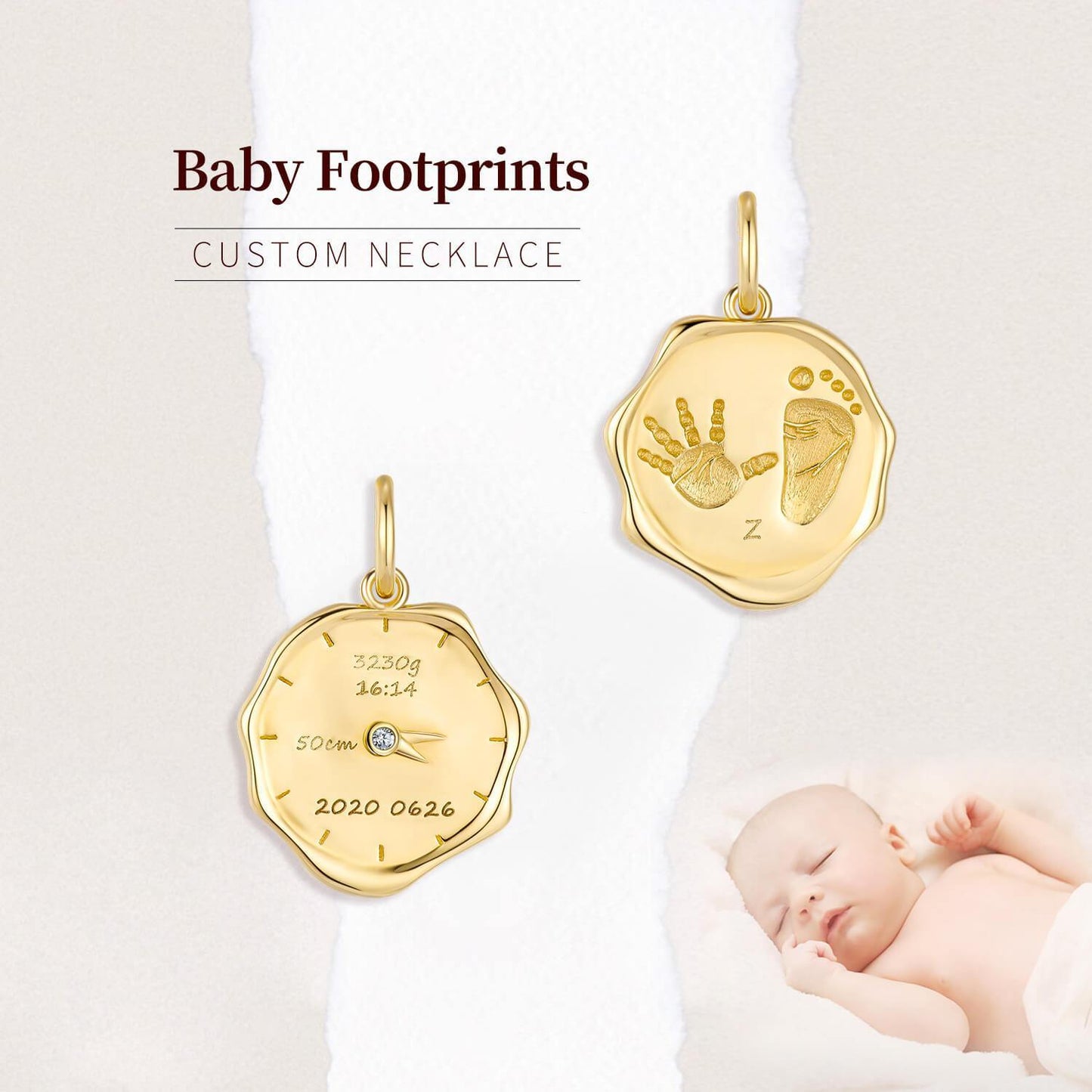 Baby and custom 18k gold baby footprints fire paint stamp necklace