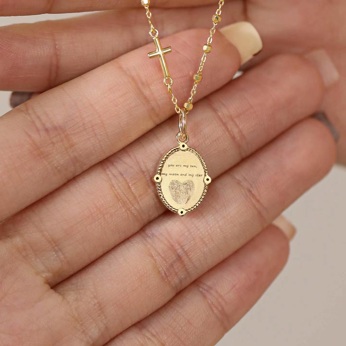 18K Gold Engravable Baby Handprint Footprint Necklace - Oval