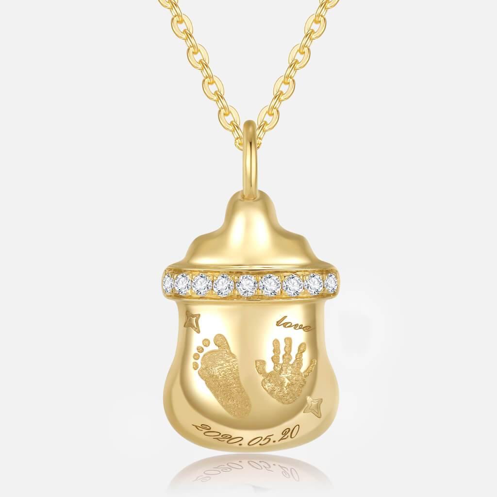 18K Gold Engravable Baby Handprints Footprint Necklace Feeding Bottle