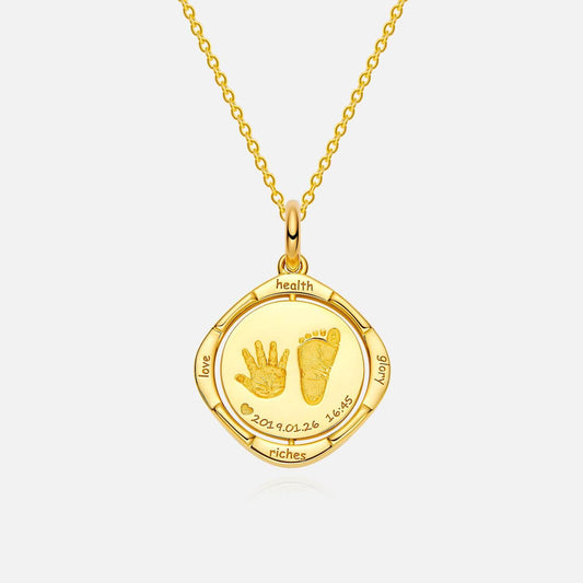 18K Gold Baby Engravable Flip Round Footprint Necklace Front