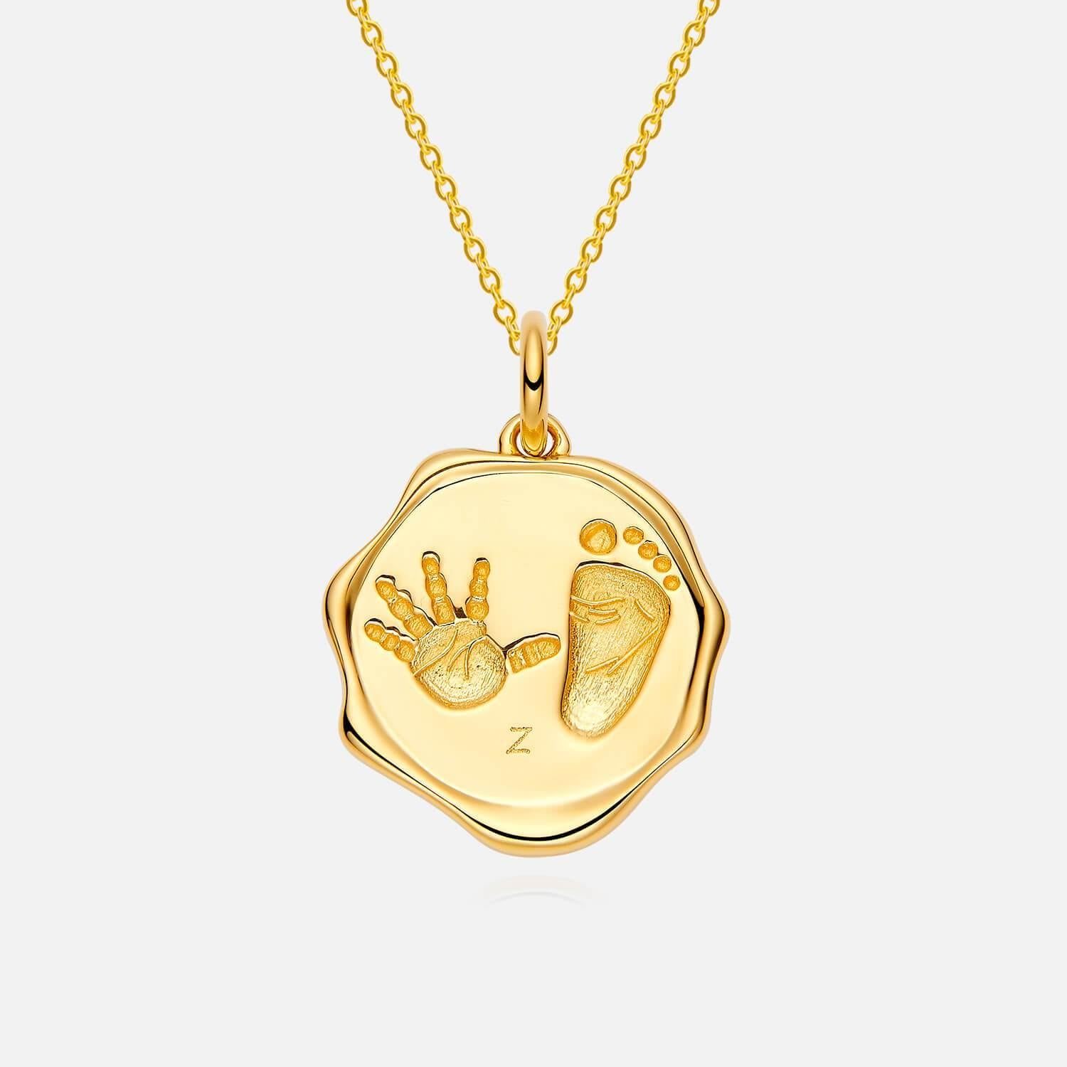 18K Gold Baby Engravable Medallion Footprint Necklace Front