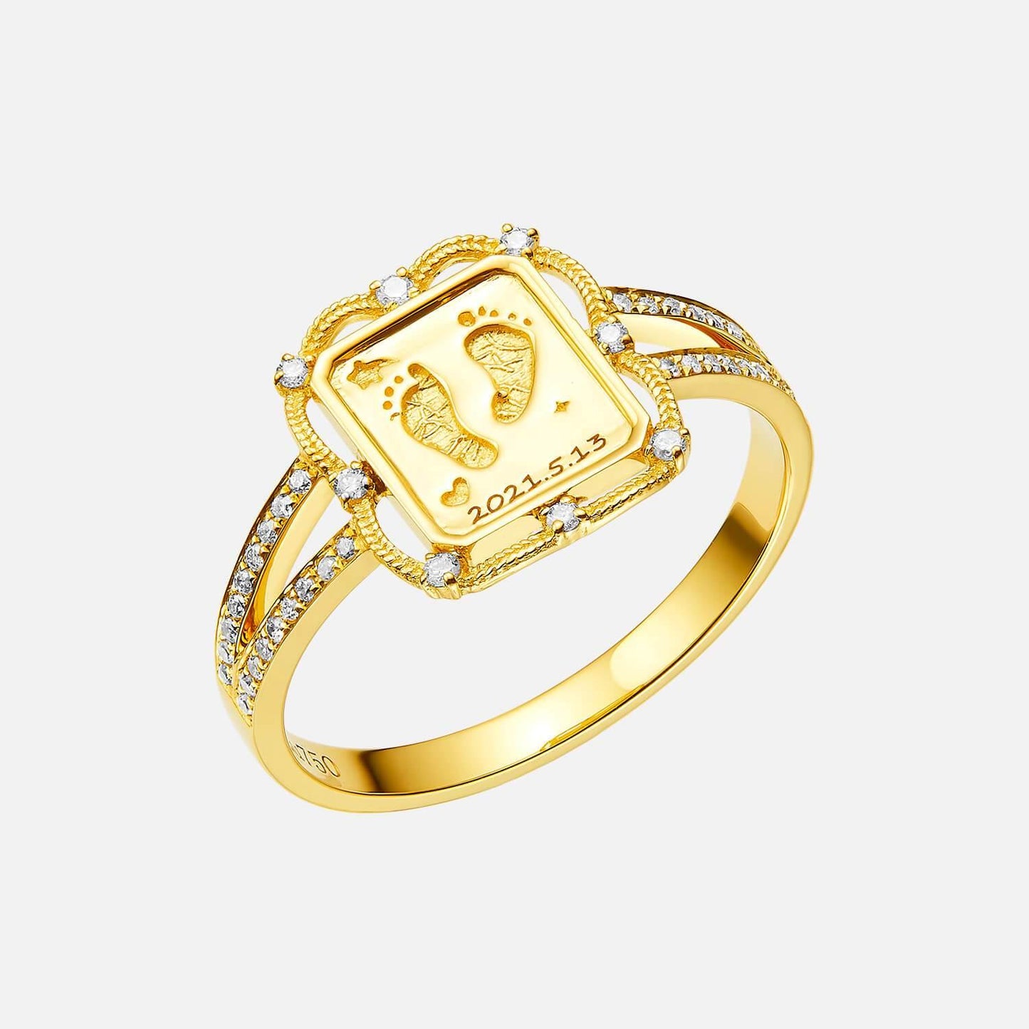 18K Gold Baby Engravable Wreath Footprint Diamond Ring - TDC Jewellery