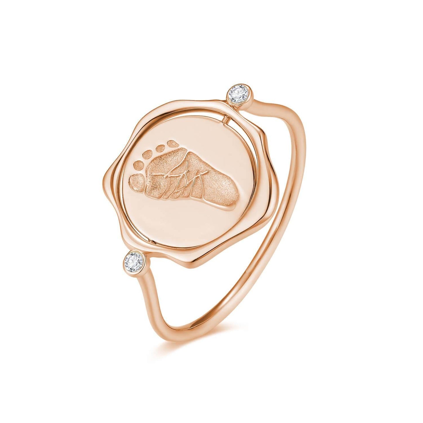 18K Rose Gold Baby Engravable Seal Wax Footprint Ring Front