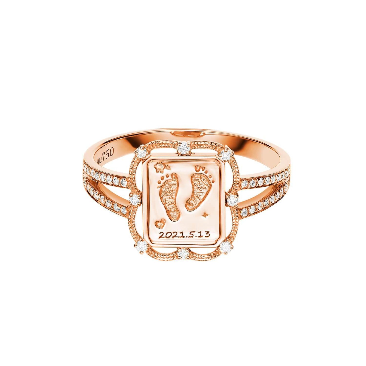 18K Rose Gold Baby Engravable Wreath Footprint Diamond Ring