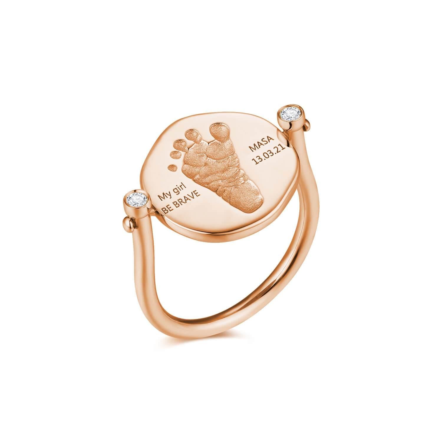 18K Rose Gold Baby Personalized Custom Round Footprint Ring Front