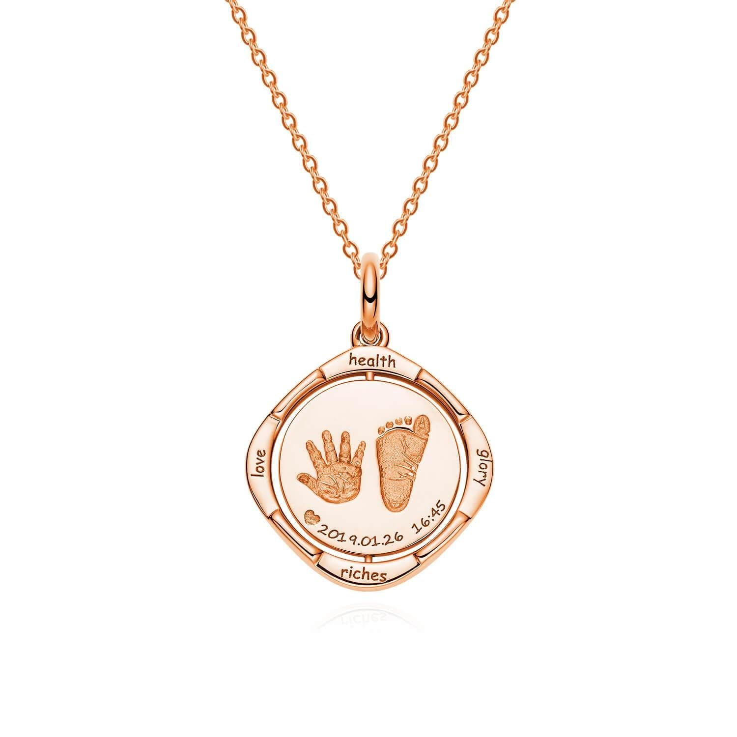 18K Rose Gold Flip Round Baby Footprint Necklace Front