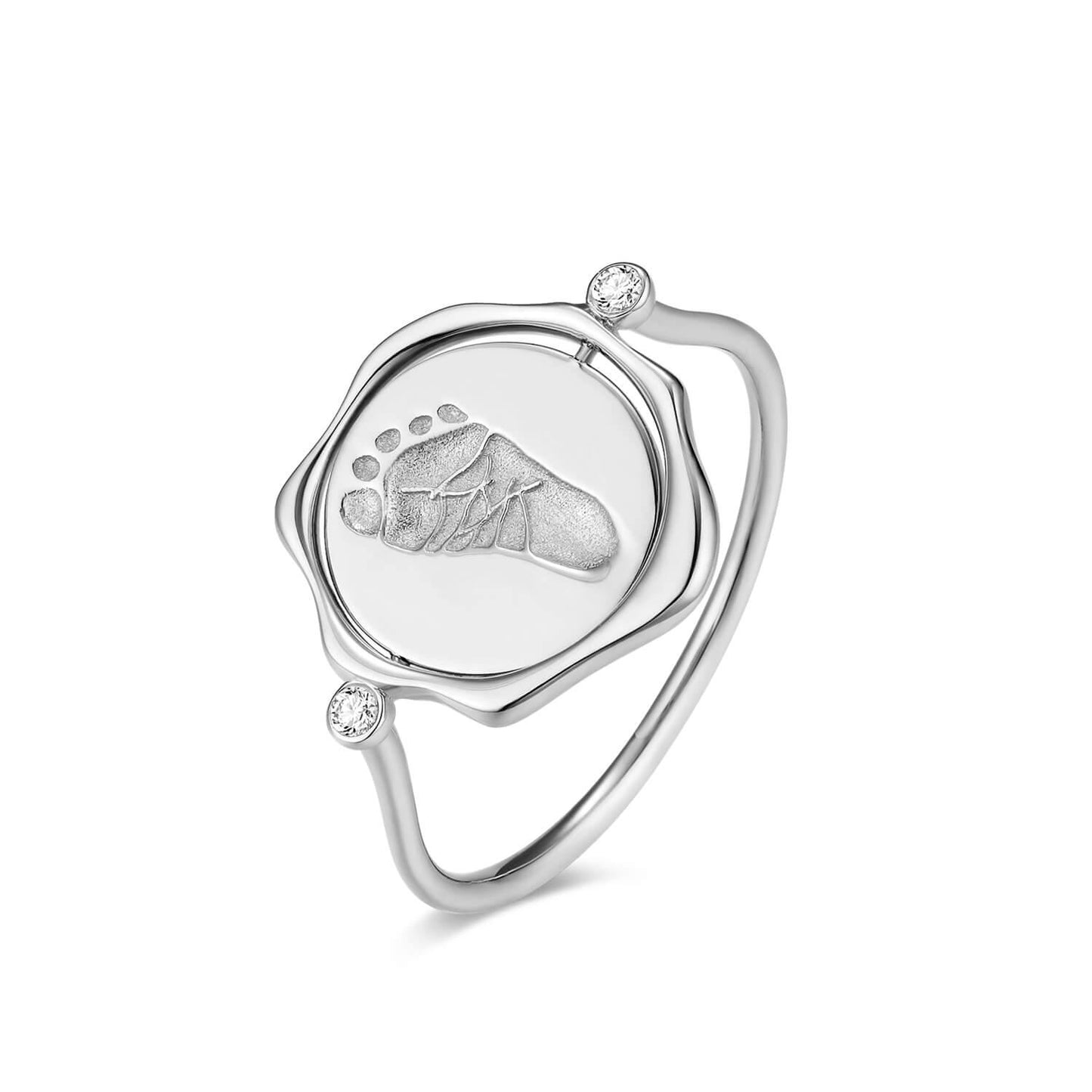 18K White Gold Baby Engravable Seal Wax Footprint Ring Front