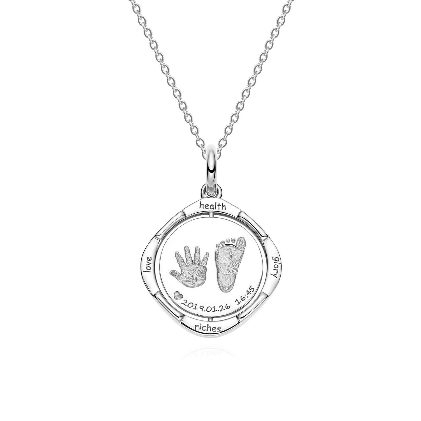 18K White Gold Flip Round Baby Footprint Necklace Front