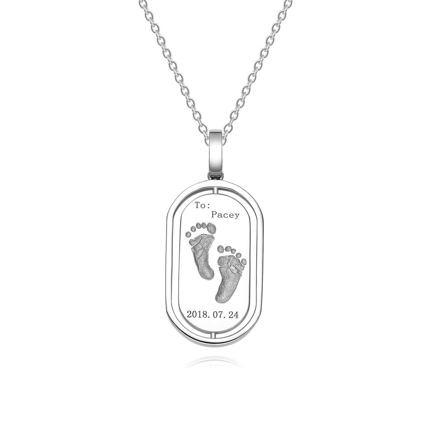 18K White Gold Oval Baby Footprint Necklace Front