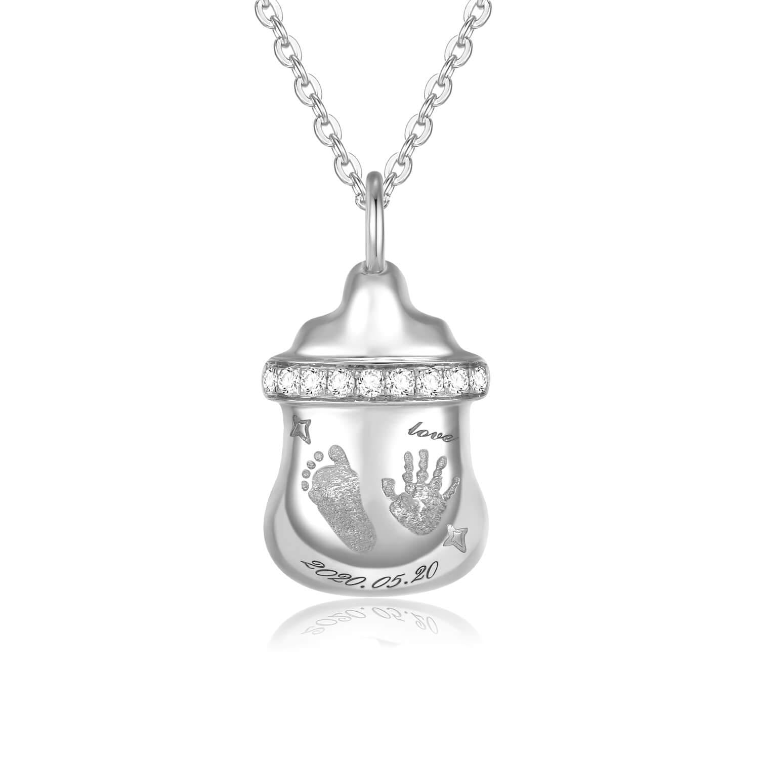18K White Gold Feeding Bottle Baby Footprint Necklace Front