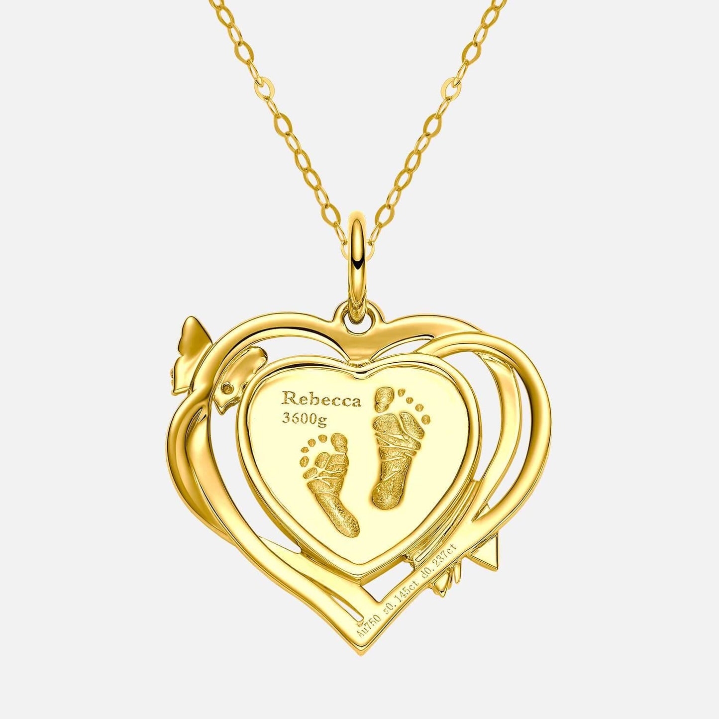 18K Yellow Gold Baby Engravable Heart Shape Footprint Necklace Front