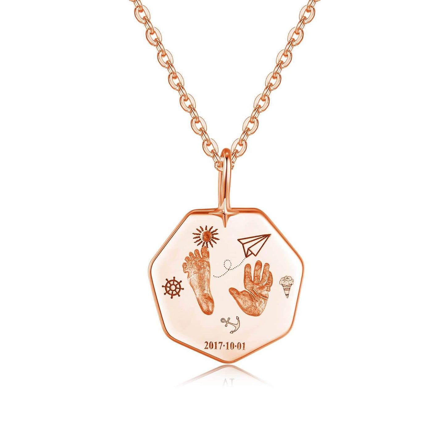 18k rose gold heptagon baby footprint necklace front
