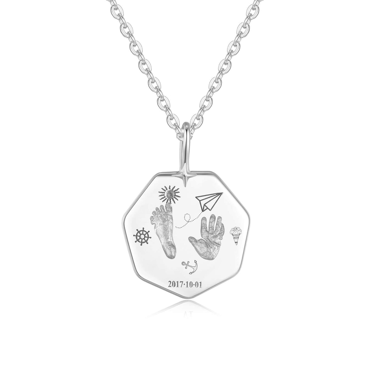 18k white gold heptagon baby footprint necklace front
