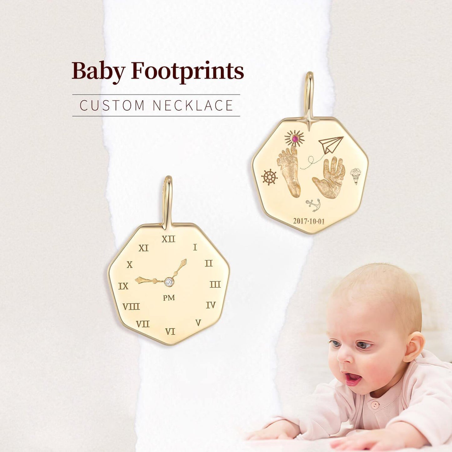 Baby and custom 18k gold baby footprints heptagonal necklace