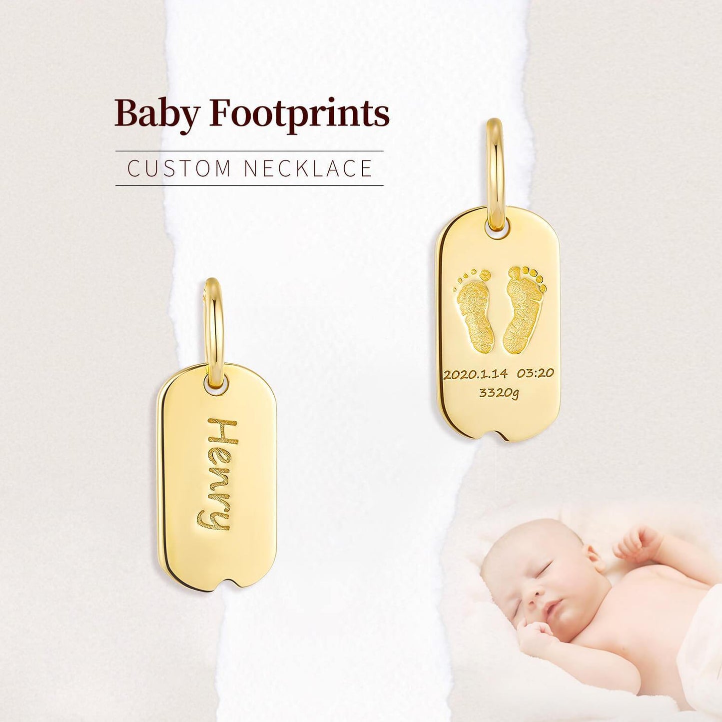 Baby and custom 18k gold baby footprints rectangle necklace