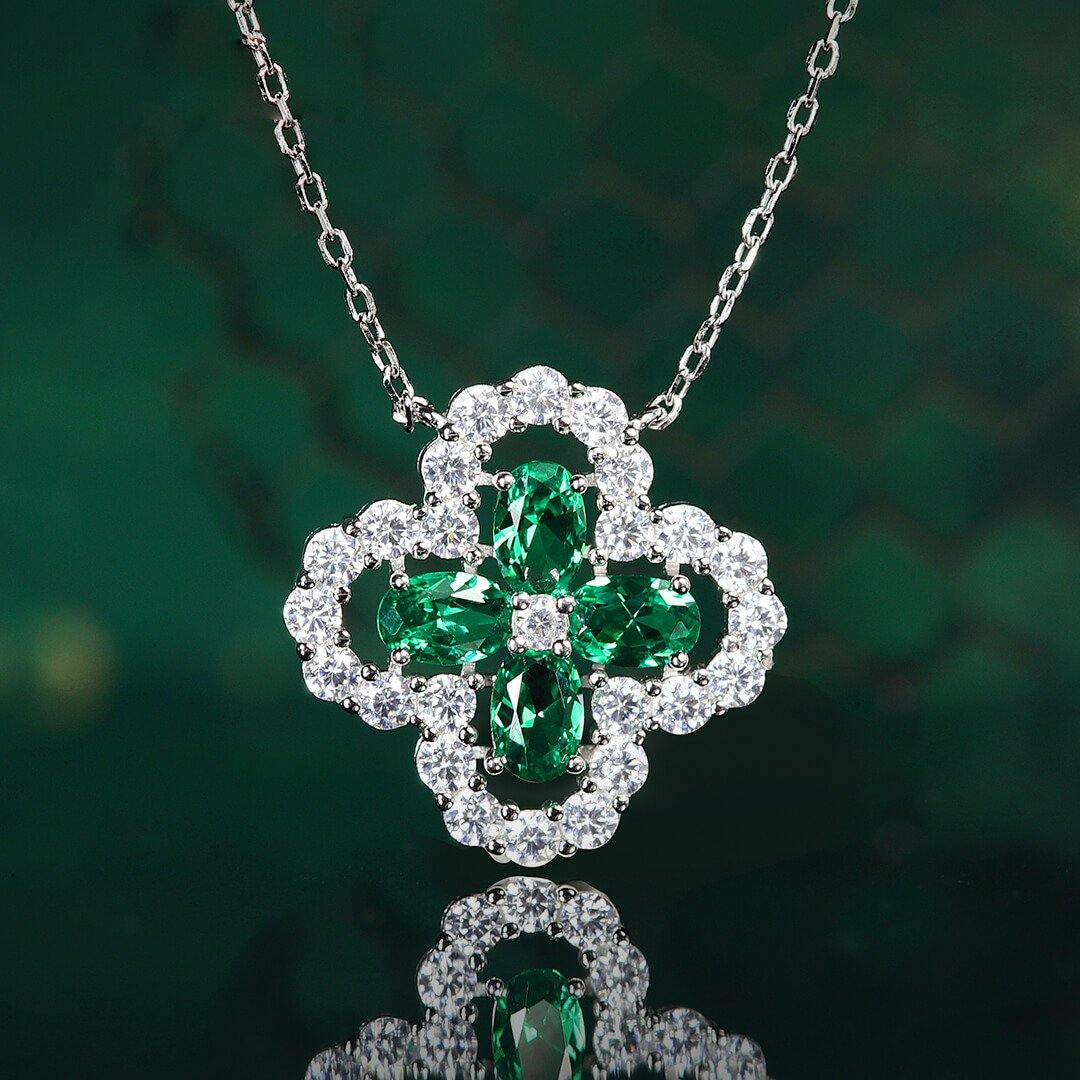 TDC™ Green Four-Leaf Clover Sterling Silver Necklace