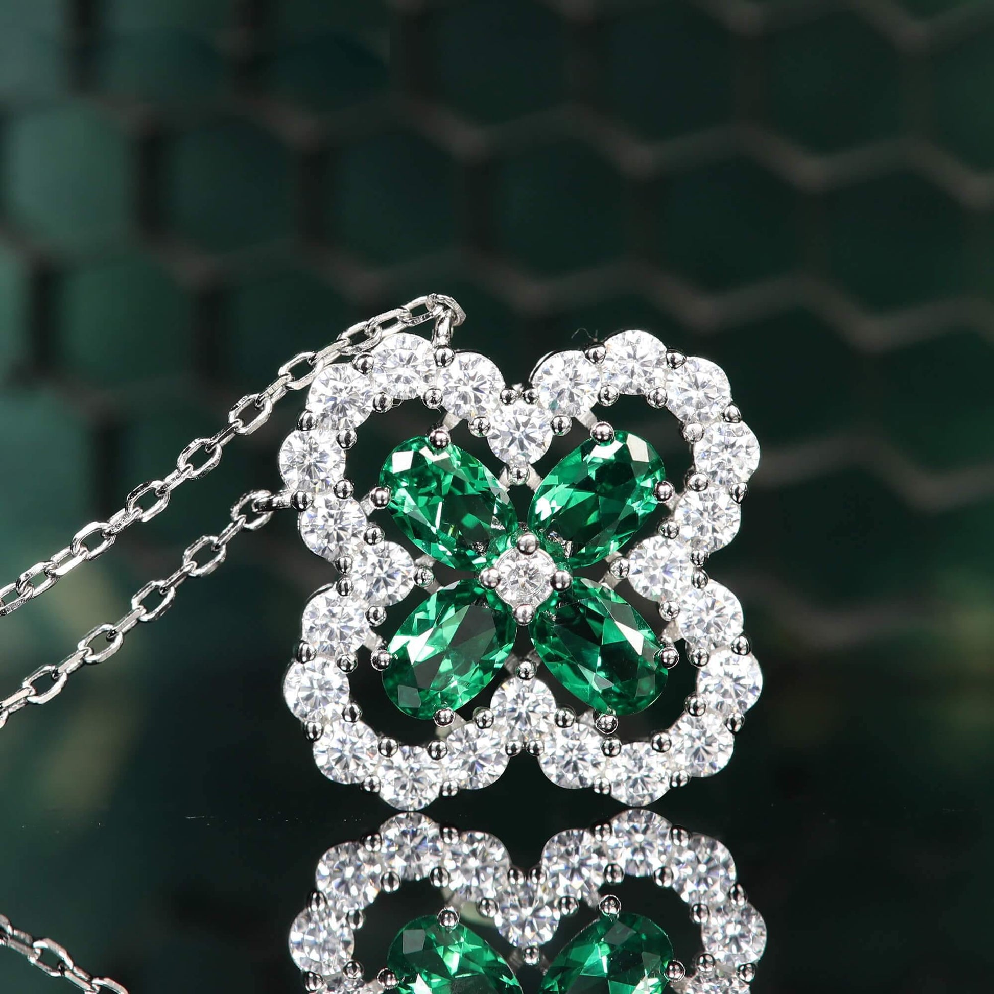 TDC™ Green Four-Leaf Clover Sterling Silver Necklace