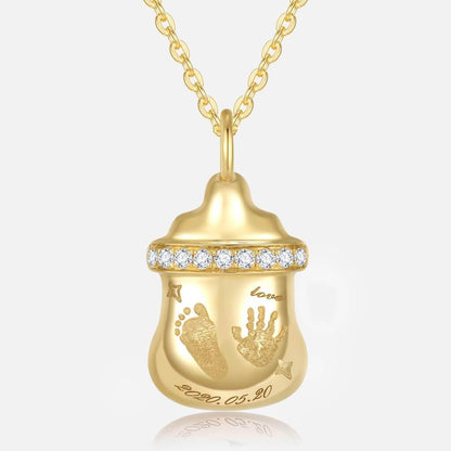 TDC Jewellery custom made 18k gold diamond baby feeding bottle handprint footprint necklace front