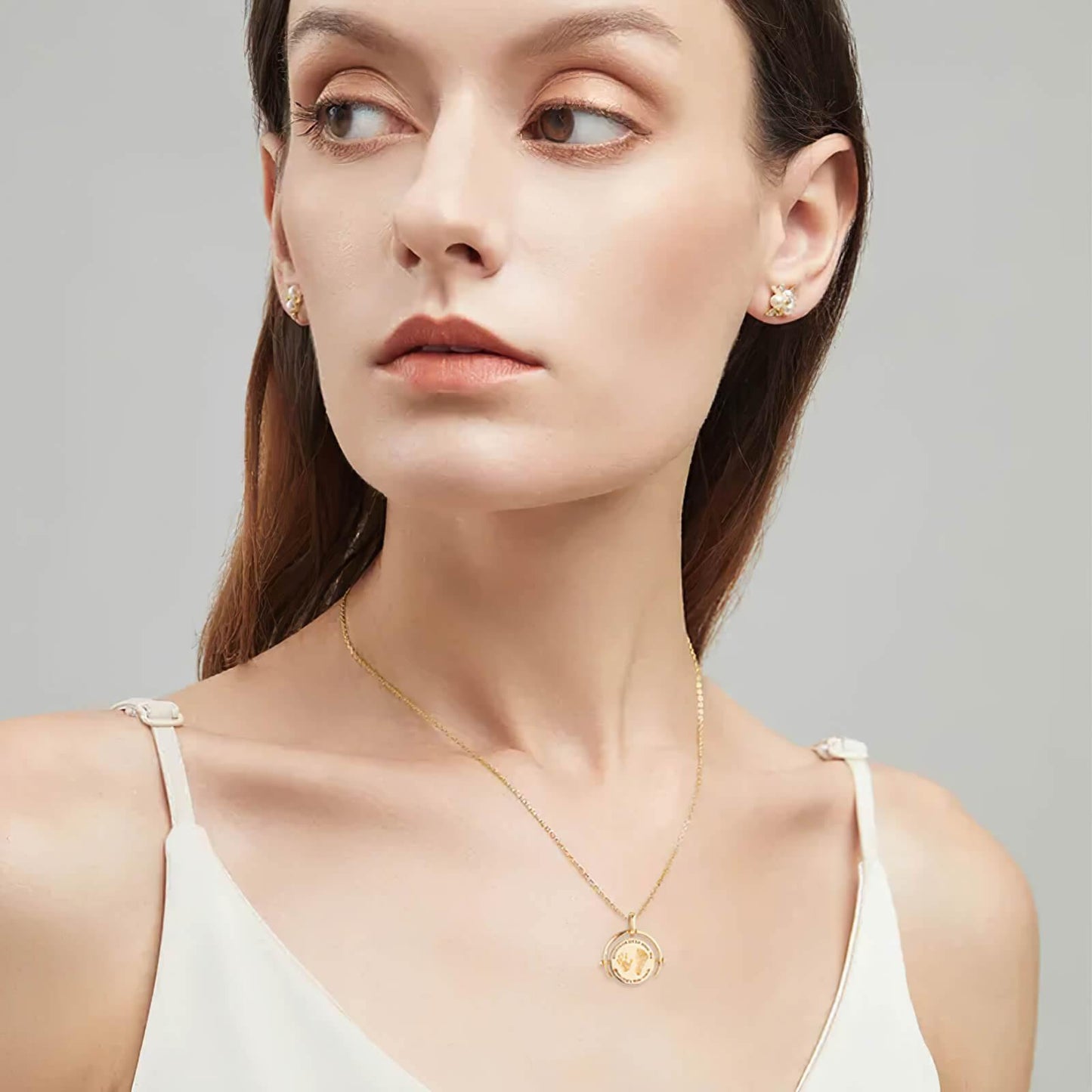 Wearing 18K gold baby engravable half-loop handprint and footprint necklace