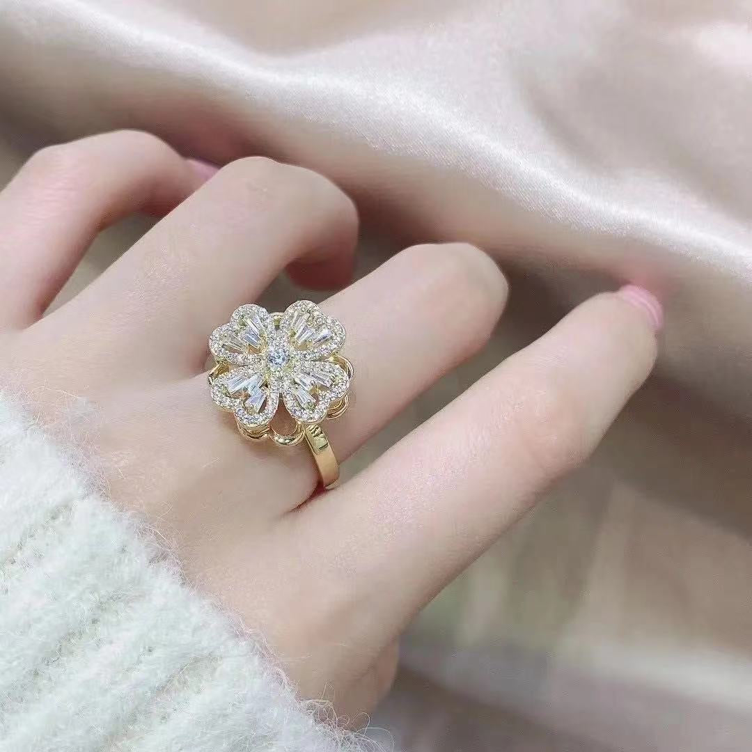 Women Fashion Cubic Zircon Flower Rotating Spinner Ring Diamond Rhinestone  Opening Adjustable Rings Fashion Jewelry | Wish